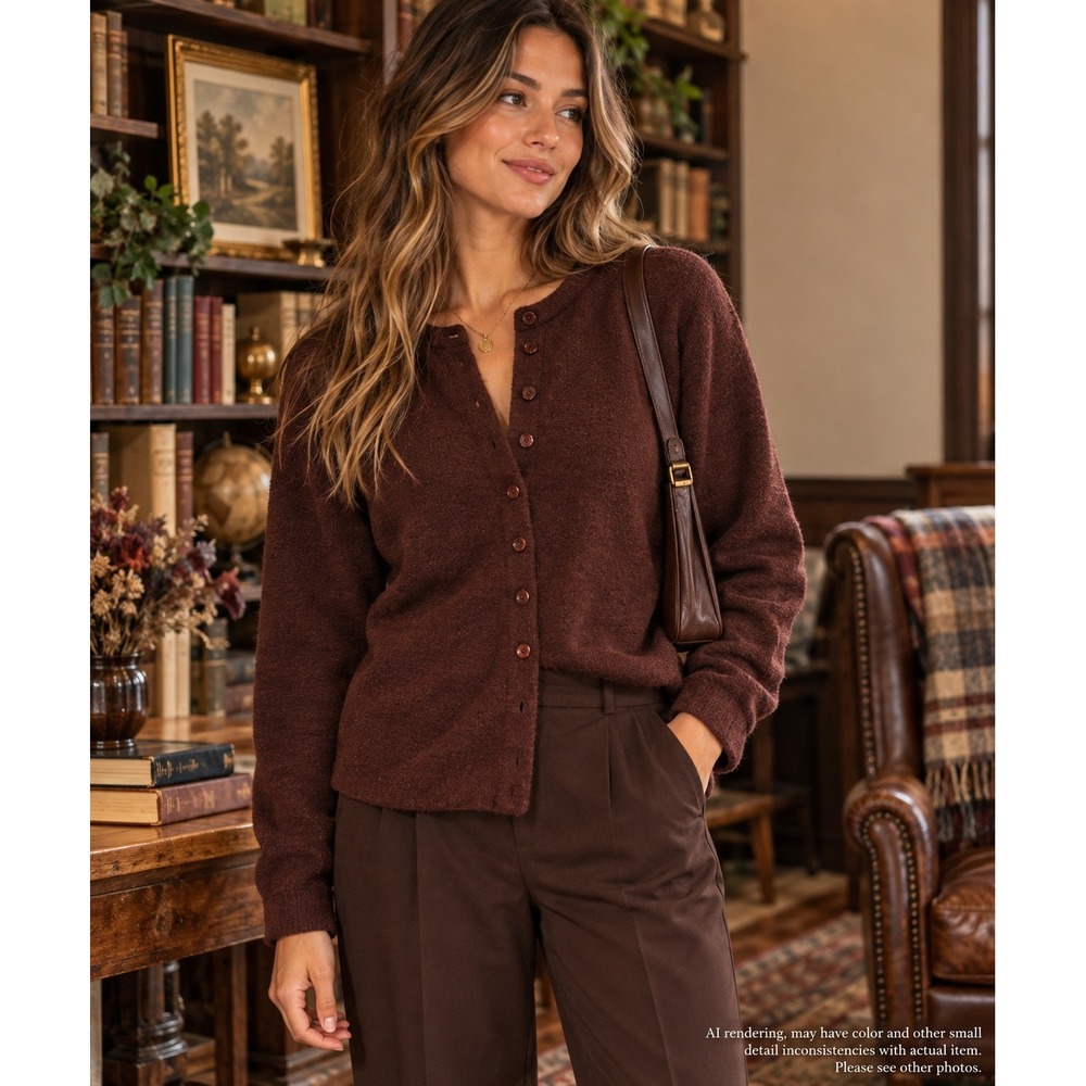Originality L Button Front Cardigan Chocolate Brown Heritage Knit Dark Academia